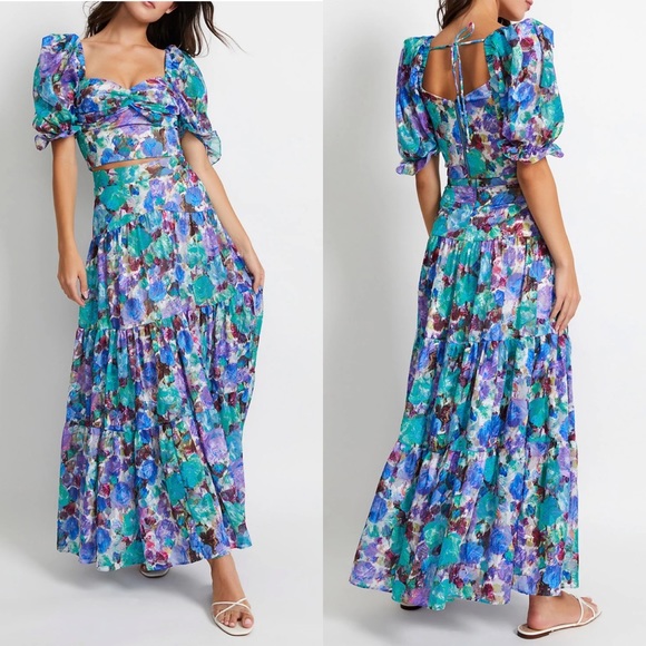 PatBO Blossom Crop Top & Maxi Skirt Set in Violet Floral Size 4 & Small - NWOT - Picture 1 of 6
